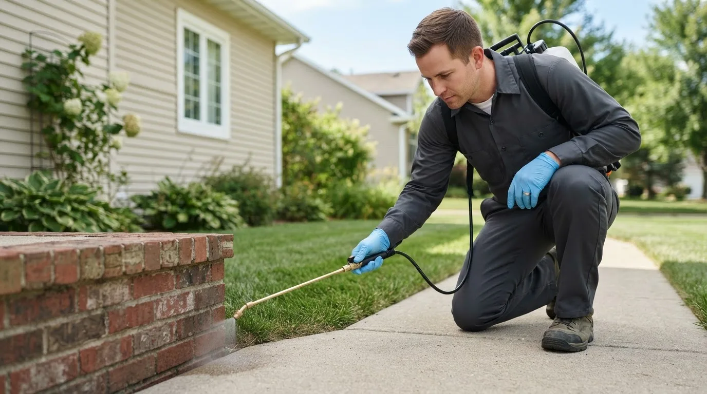 Pest control technician treating a home near Monroe, NY